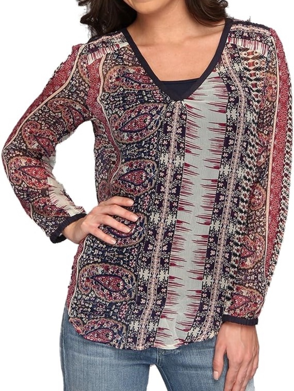 Lucky Brand Boho Paisley Mixed Print Blouse Top XL Semi Sheer